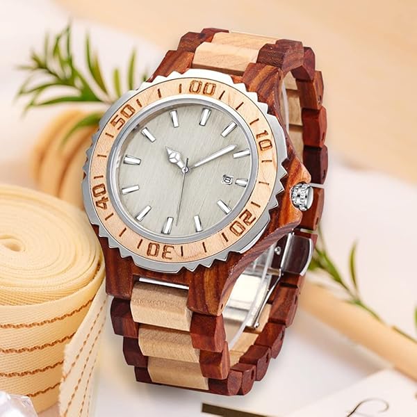 Wooden Watches Mens with Handmade Colorful Bamboo Wood Watch Analog Date Quartz Wooden Watch for Men WD1018-red