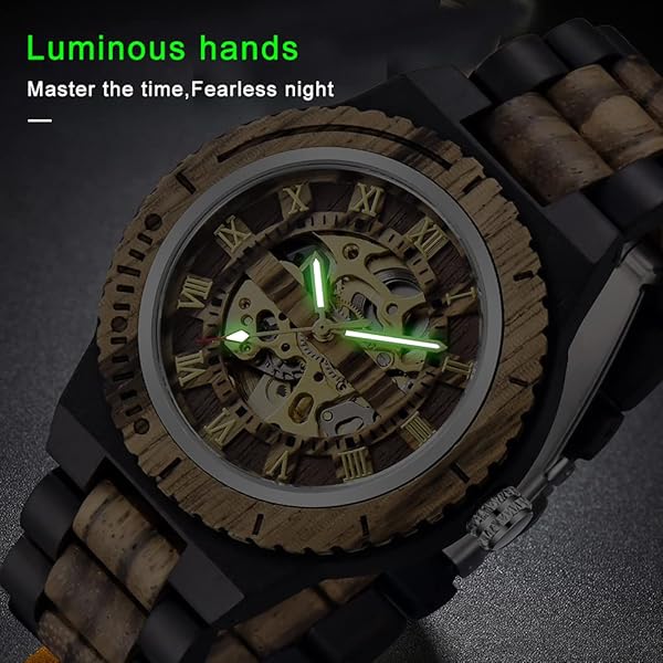 Men's Wooden Watch Triangle Skeleton Automatic Watch Mechanical Wood Watches for Men Tan&black